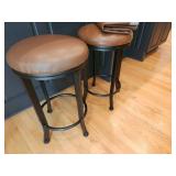 Pair of Brown Leather Bar Stools with Metal Frame