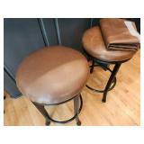Pair of Brown Leather Bar Stools with Metal Frame