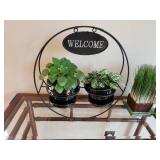 Decorative Indoor Welcome Sign Plant Holder with Real Plants and Two Faux Grass Planters