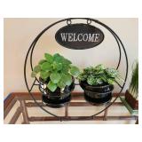 Decorative Indoor Welcome Sign Plant Holder with Real Plants and Two Faux Grass Planters
