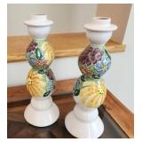 Set of 2 Floral Signed Hand-Painted Ceramic Candlestick Holders