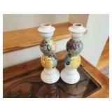 Set of 2 Floral Signed Hand-Painted Ceramic Candlestick Holders