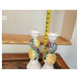 Set of 2 Floral Signed Hand-Painted Ceramic Candlestick Holders