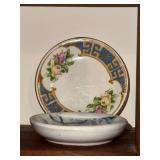 Set of 9 Vintage Decorative Porcelain Butter Pat/Pad/Chip Plates and Display Shelf