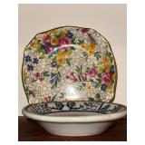 Set of 9 Vintage Decorative Porcelain Butter Pat/Pad/Chip Plates and Display Shelf