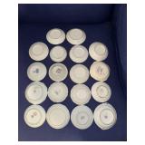 Set of 9 Vintage Decorative Porcelain Butter Pat/Pad/Chip Plates and Display Shelf