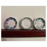 Set of 8 Antique Decorative Porcelain Butter Pat Pad Chip Plates with Floral Designs and Shelf