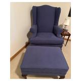 Ethan Allen Stamford Wingback Chair with Ottoman in Iris Mercury Blue Fabric