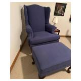 Ethan Allen Stamford Wingback Chair with Ottoman in Iris Mercury Blue Fabric