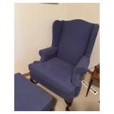 Ethan Allen Stamford Wingback Chair with Ottoman in Iris Mercury Blue Fabric