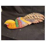 Hand-Carved Signed Decorative Wooden Bird Figurine with Colorful Feathers