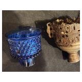 Antique Orthodox Hanging Brass Lampada (Church Lamp) with Blue Glass Insert
