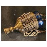 Vintage Brass Hanging Lantern with Blue Glass Insert