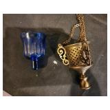 Vintage Brass Hanging Lantern with Blue Glass Insert