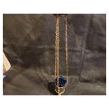 Vintage Brass Hanging Lantern with Blue Glass Insert