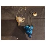 Antique Orthodox Hanging Brass Lampada (Church Lamp) with Blue Glass Insert