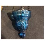 Antique Orthodox Hanging Brass Lampada (Church Lamp) with Blue Glass Insert