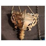 Antique Orthodox Hanging Brass Lampada (Church Lamp) with Blue Glass Insert