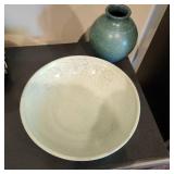 Set of 2 Decorative Celadon Pottery: Flower Bowl and Green Vase