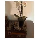 Set of Decorative Bronze Bookends, Brass Easel and Wooden Letter Opener with Decorative Plant