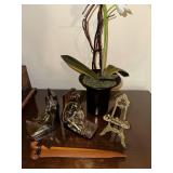 Set of Decorative Bronze Bookends, Brass Easel and Wooden Letter Opener with Decorative Plant