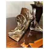 Set of Decorative Bronze Bookends, Brass Easel and Wooden Letter Opener with Decorative Plant