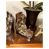 Set of Decorative Bronze Bookends, Brass Easel and Wooden Letter Opener with Decorative Plant
