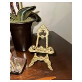 Set of Decorative Bronze Bookends, Brass Easel and Wooden Letter Opener with Decorative Plant