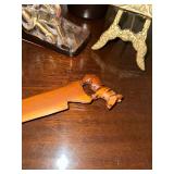 Set of Decorative Bronze Bookends, Brass Easel and Wooden Letter Opener with Decorative Plant