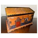 Handcrafted Wooden Toy Chest with Painted House Design