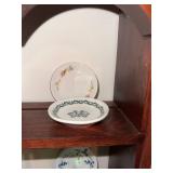 Set of 10 Vintage Decorative Porcelain Butter Chip Pat Plates with Floral Designs and Display Shelf