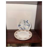 Set of 10 Vintage Decorative Porcelain Butter Chip Pat Plates with Floral Designs and Display Shelf