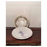 Set of 10 Vintage Decorative Porcelain Butter Chip Pat Plates with Floral Designs and Display Shelf