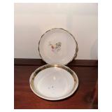 Set of 10 Vintage Decorative Porcelain Butter Chip Pat Plates with Floral Designs and Display Shelf