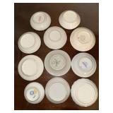 Set of 10 Vintage Decorative Porcelain Butter Chip Pat Plates with Floral Designs and Display Shelf