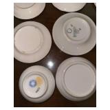 Set of 10 Vintage Decorative Porcelain Butter Chip Pat Plates with Floral Designs and Display Shelf