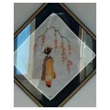 Framed Set of 2 Vintage Embroidered Silk Artworks - Geisha Motifs