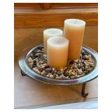 Decorative Candle Tray with 3 Candles and Pebble Accent