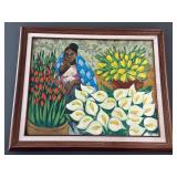 Framed 1996 Roque Signed Painting of Woman with Flowers