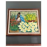 Framed 1996 Roque Signed Painting of Woman with Flowers