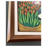Framed 1996 Roque Signed Painting of Woman with Flowers