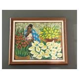 Framed 1996 Roque Signed Painting of Woman with Flowers