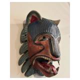 Set of 3 Hand Carved Antique Wooden Animal Masks from Mexico - Wolf, Antelop, and Bird and Mascaras Book