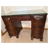 Vintage Wooden Vanity Desk with Glass Top and Six Drawers