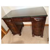 Vintage Wooden Vanity Desk with Glass Top and Six Drawers