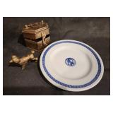 Vintage Brass Trinket Box, Porcelain Plate, and Brass Animal Figurine Set