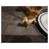 Vintage Brass Trinket Box, Porcelain Plate, and Brass Animal Figurine Set