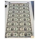 Uncut Sheet of 1995 $2 Dollar Federal Reserve Notes