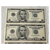 Uncut Sheet of 2003 $5 Dollar Star Notes