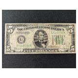 1934 A Green Seal $5 Dollar Federal Reserve Note
